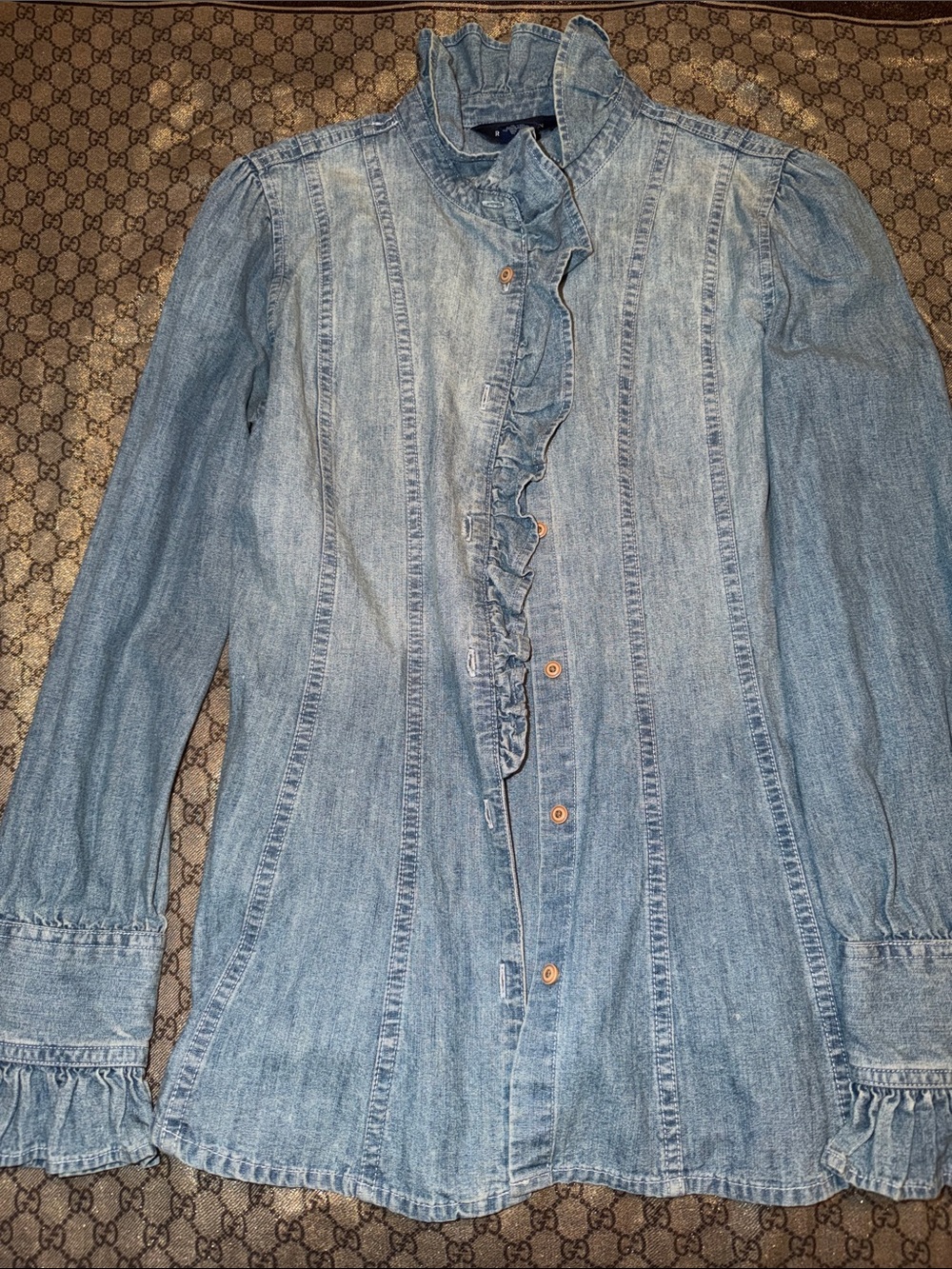 Ralph Lauren Light Blue Ruffled Denim Button-Down Shirt - Picture 1 of 3